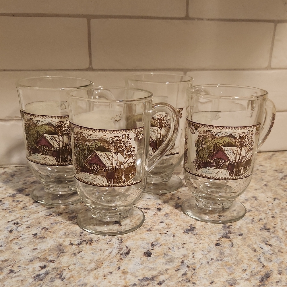 Vintage Johnson Brothers " The Friendly Village" Glass Pedestal Mugs Set Of 4